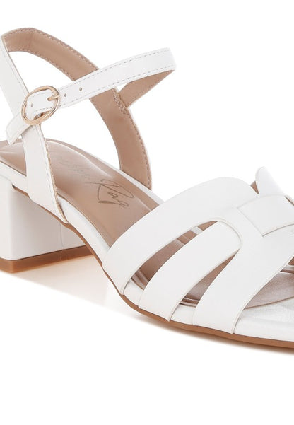 Close up of white Eliska Strappy Block Heels wide front strap detail.