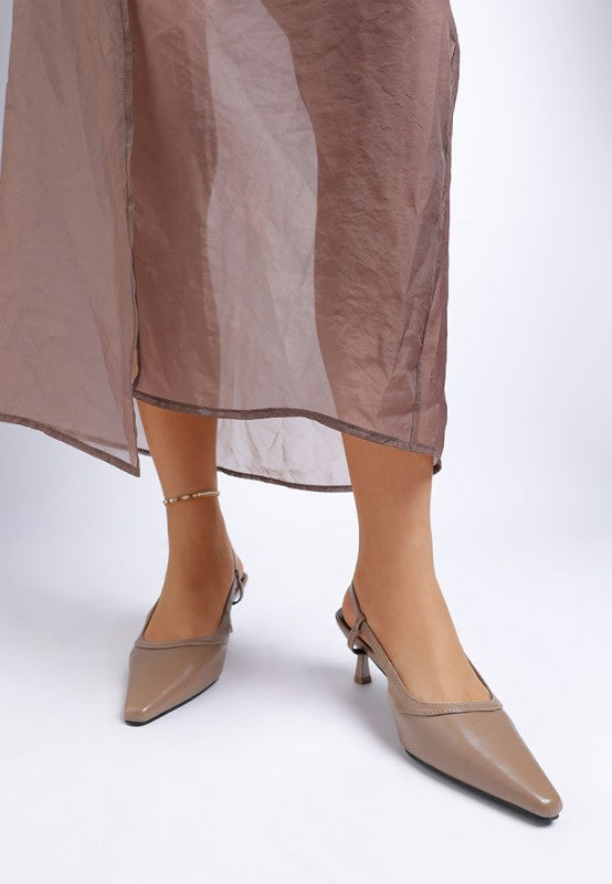 Model wearing Luxton Slingback Pin Buckle Kitten Heels in Taupe styled with sheer skirt