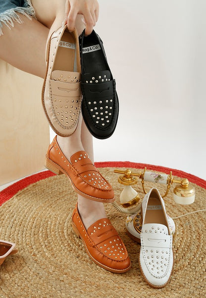 Oglavia Studded Leather Loafers displayed in all four colors: Black, Tan, Beige, and White.