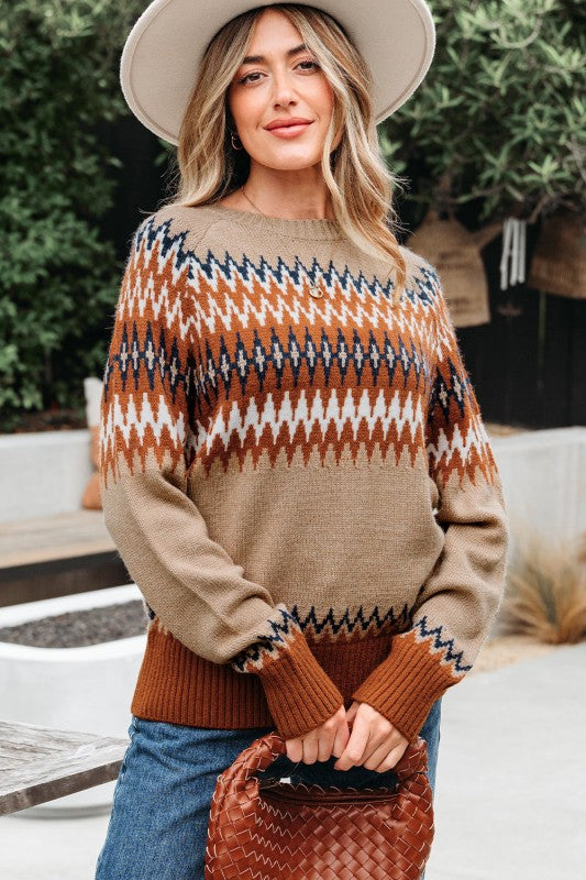 Front view close-up of model wearing Eva Aztec Crew Neck Sweater.