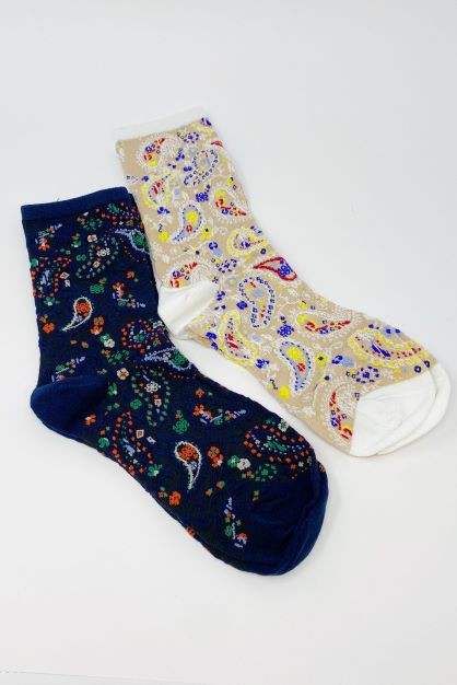 Kembrie Pretty Paisley Socks Set - 2-Pack, Navy & Taupe, One Size, Cotton Blend