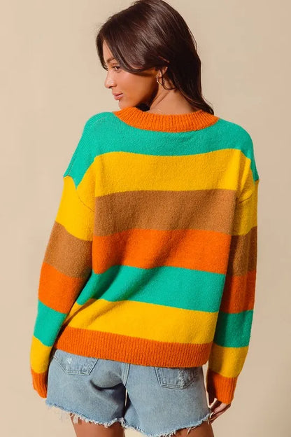 Back view of ribbed Sonny Multi Color Stripe Sweater featuring playful horizontal stripes in bold autumn hues.