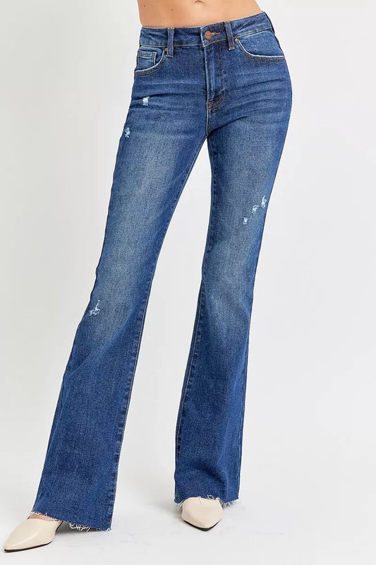 Jax Distressed Flare Jeans front view in dark wash with raw hem
