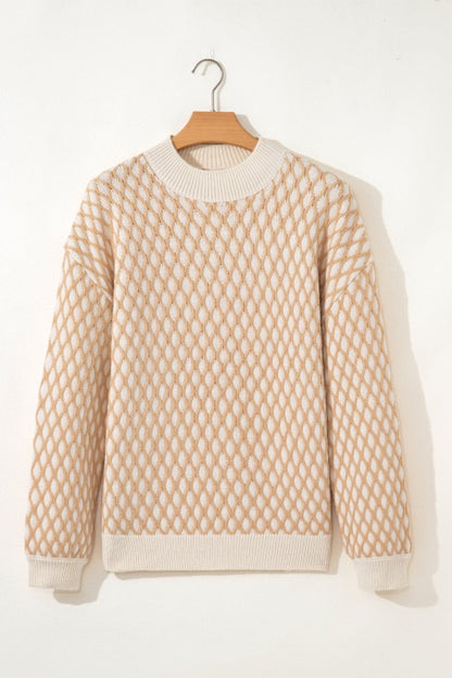 Ximena Rhombus Textured Knit Sweater front view on hanger, beige diamond knit.