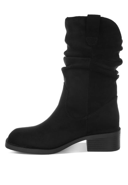 Side profile of black Ottawa Slouchy Cowboy Boots with pull tabs and slouched shaft.