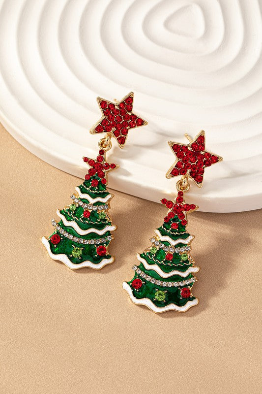 Festive brass Christmas tree drop earrings with colorful enamel and rhinestone accents, measuring 1.75". 