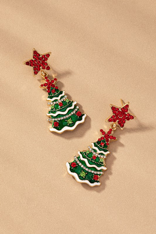 Festive brass Christmas tree drop earrings with colorful enamel and rhinestone accents, measuring 1.75". 