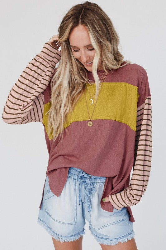 Daria Color Block Stripe Lantern Sleeve Side Slit Tunic