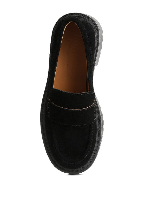 Top view of black Honora Suede Chunky Loafers with cushioned insole design