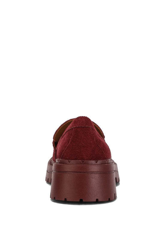 Back view of burgundy Honora Suede Chunky Loafers with platform heel design