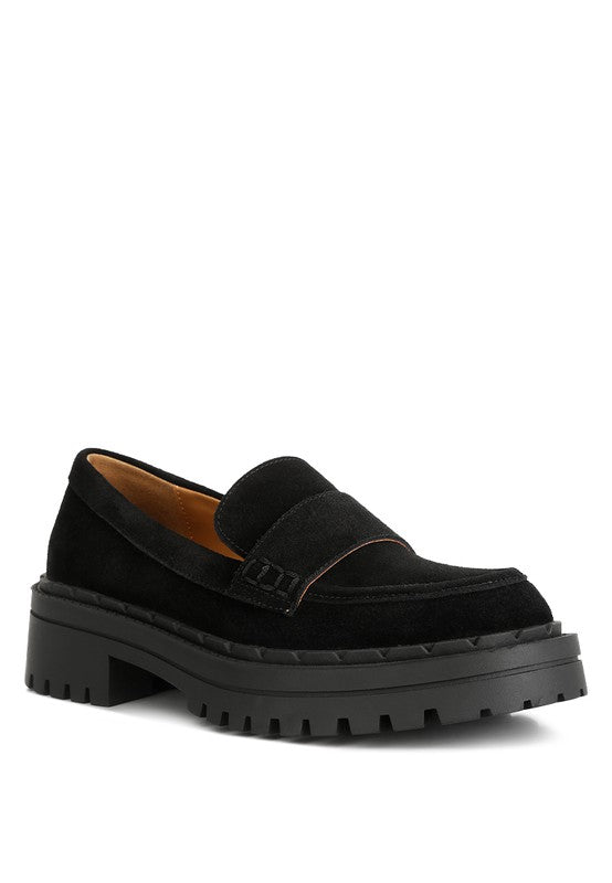 Front angle view of black Honora Suede Chunky Loafers with rounded toe