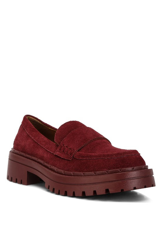 Front angle view of burgundy Honora Suede Chunky Loafers with rounded toe