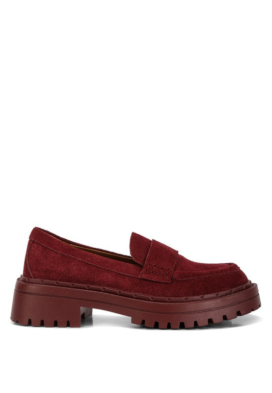 Side view of burgundy Honora Suede Chunky Loafers with chunky lug sole