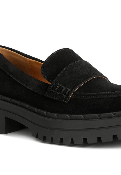 Close up of black Honora Suede Chunky Loafers suede texture and lug sole