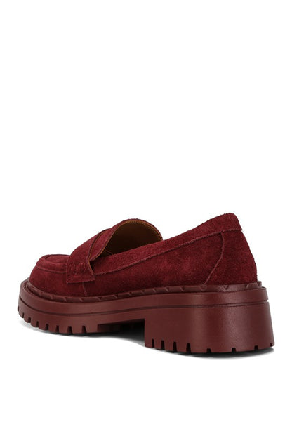 Back angle view of burgundy Honora Suede Chunky Loafers with block heel detail