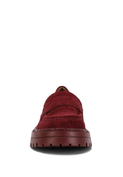 Front view of burgundy Honora Suede Chunky Loafers with suede finish