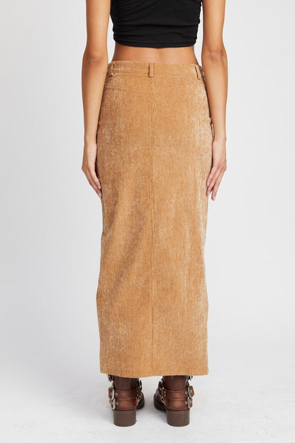 asha Corduroy Mid Skirt With Front Slit rear view showing straight hem.