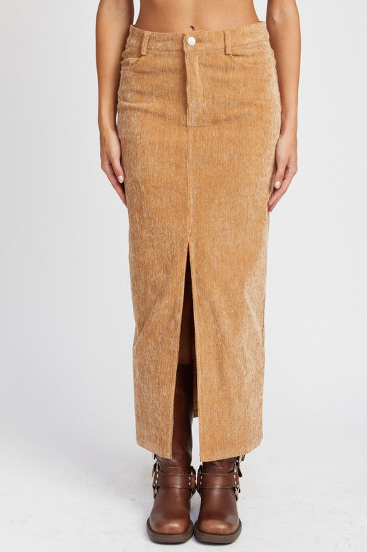 Rasha Corduroy Mid Skirt With Front Slit in tan, high-waist midi front view.
