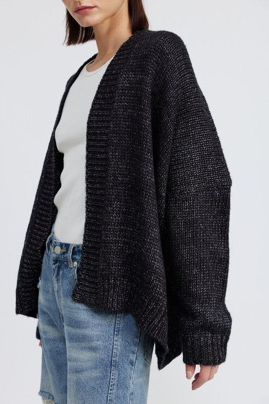 Side profile close-up of Elistina Oversized Cardigan showing ribbed knit texture.