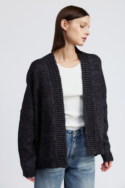Close-up of Elistina Oversized Cardigan open front and ribbed trim.