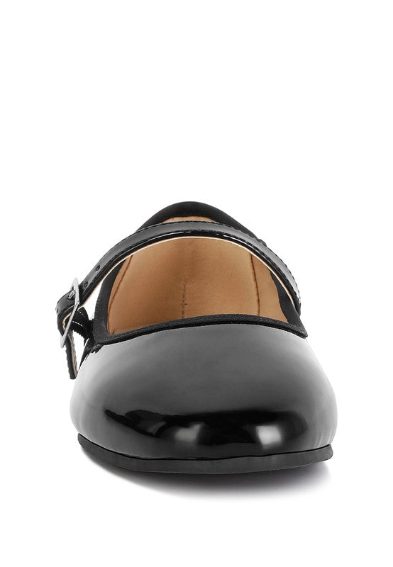 Front view of Posy Classic Mary Jane Flats with closed almond toe silhouette