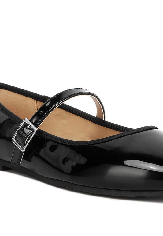Close up of Posy Classic Mary Jane Flats showing glossy almond toe design