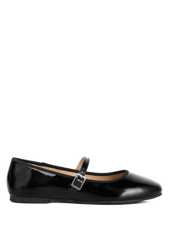 Lateral side view of Posy Classic Mary Jane Flats with shiny black finish