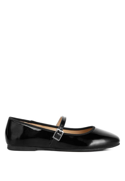 Lateral side view of Posy Classic Mary Jane Flats with shiny black finish