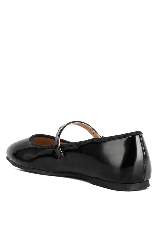 Back angle of Posy Classic Mary Jane Flats with pin buckle strap and heel detail