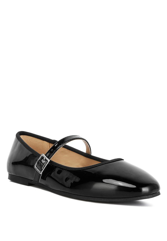 Front angle of Posy Classic Mary Jane Flats in black patent vegan leather