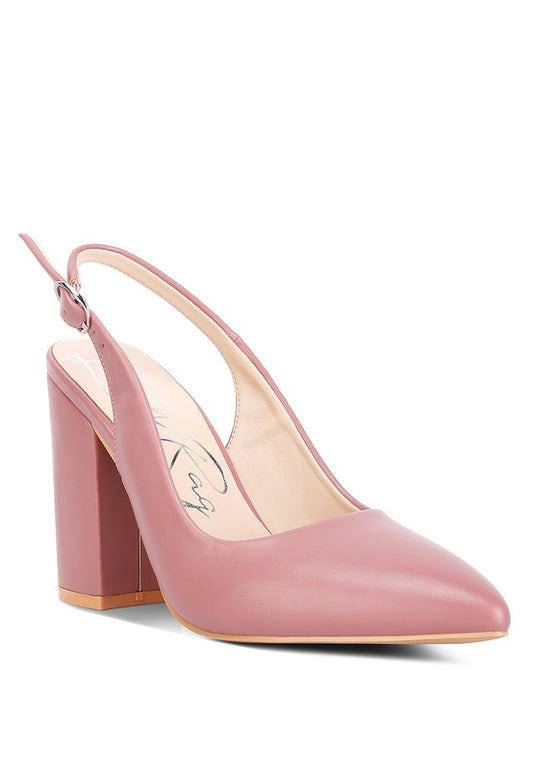 Front angle of blush Creidne Block Heel Sandals with pointed toe design