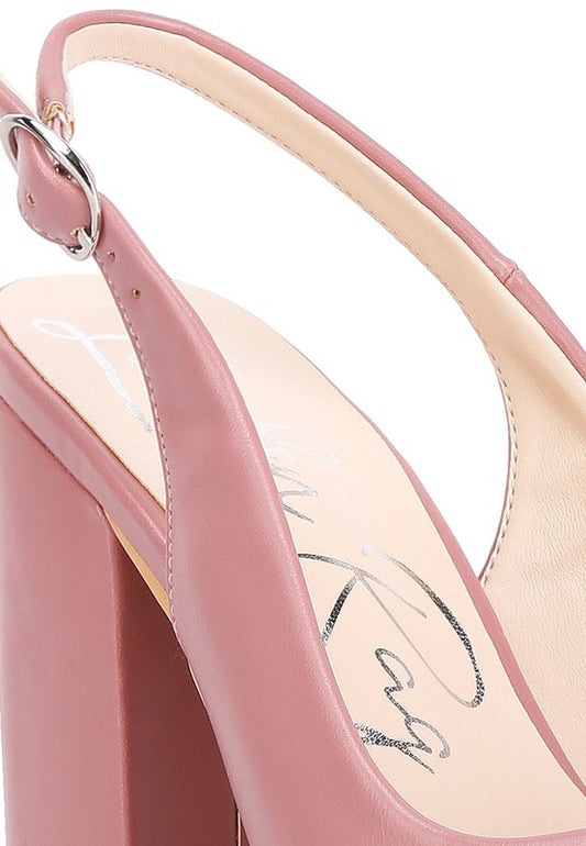 Close-up of blush Creidne Block Heel Sandals slingback buckle fastening