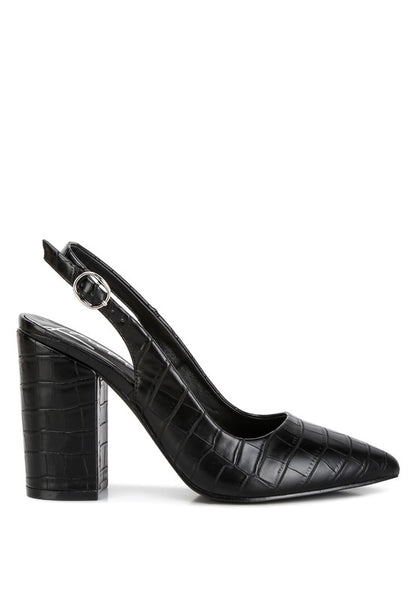 Side view of black Macha Croc Textured Slingback Heels
