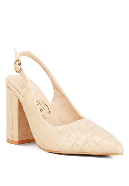 Front angle of beige Macha Croc Textured Slingback Heels