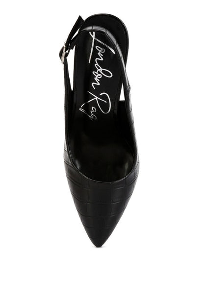 Top view of black Macha Croc Textured Slingback Heels showing insole branding
