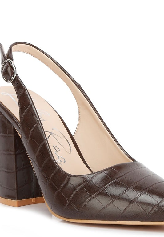Close up of brown Macha Croc Textured Slingback Heels croc texture