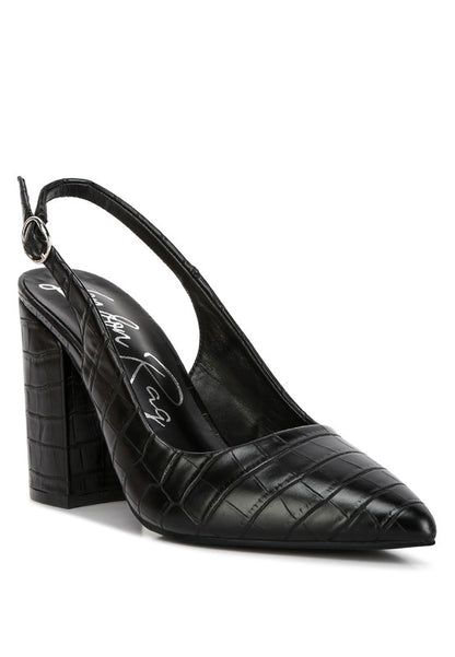 Front angle of black Macha Croc Textured Slingback Heels