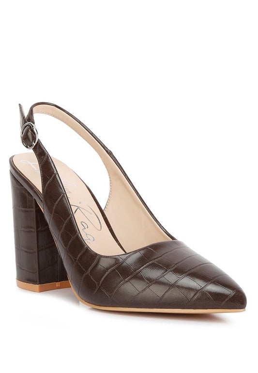 Macha Croc Textured Slingback Heels in brown