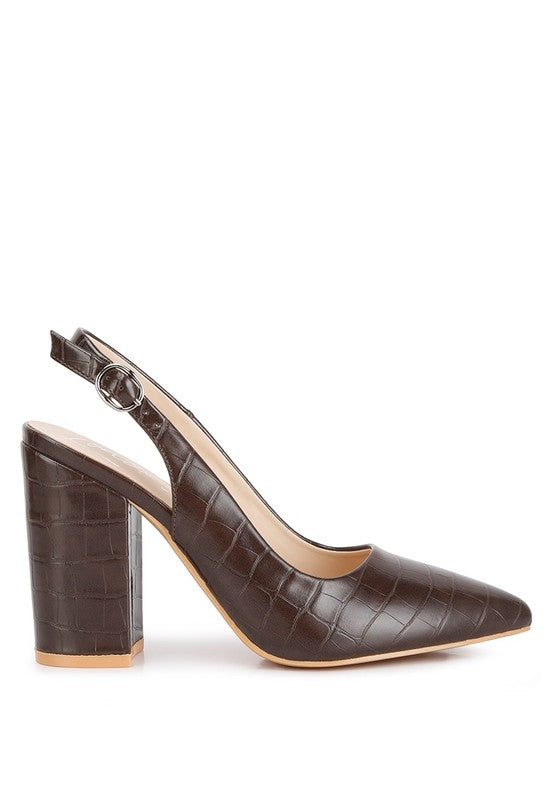 Side view of brown Macha Croc Textured Slingback Heels