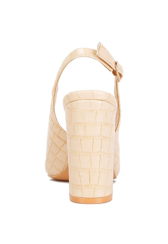 Back view of beige Macha Croc Textured Slingback Heels