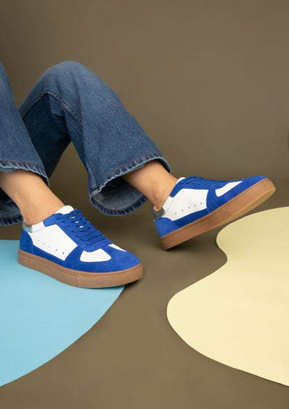 Blue Sheena Lace Up Sneakers in leather and suede with round toe and white sole.