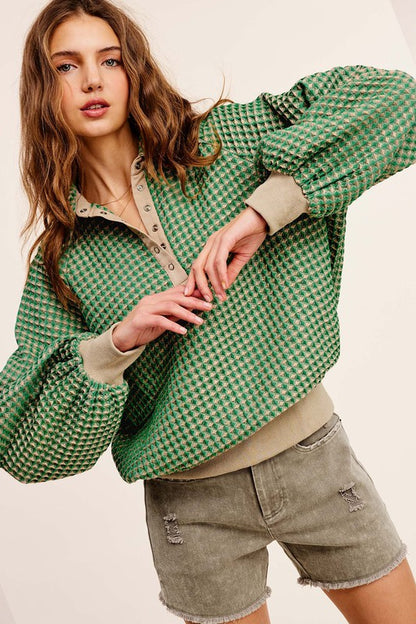 Tuva Two-Tone Textured Long Sleeve Top with oversized fit, snap front closure, and playful contrast in Matcha Green with taupe, featuring cozy textured fabric for casual-chic style.