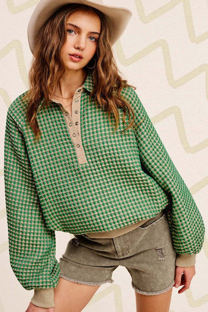 Tuva Two-Tone Textured Long Sleeve Top with oversized fit, snap front closure, and playful contrast in Matcha Green with taupe, featuring cozy textured fabric for casual-chic style.