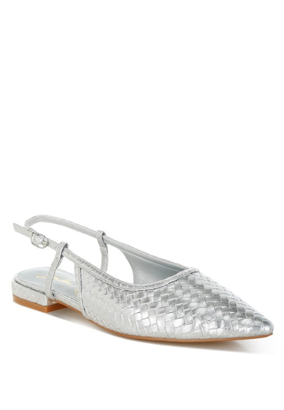 Front angle of silver Kurina Metallic Woven Slingback Sandals with pointed toe.