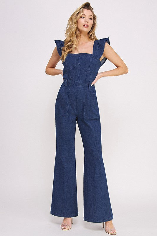 Mireya Denim Ruffle Flare Leg Jumpsuit