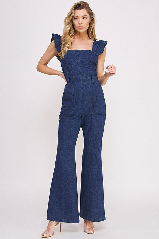 Mireya Denim Ruffle Flare Leg Jumpsuit