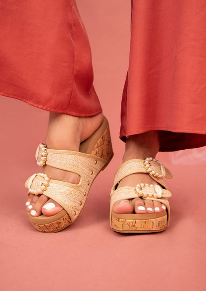 Raffia Brianna Cork Wedge Sandal with textured cork heel, open toe, and adjustable closure.