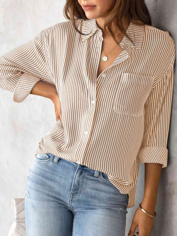 Sand striped shirt with a button-up collar and long sleeves.