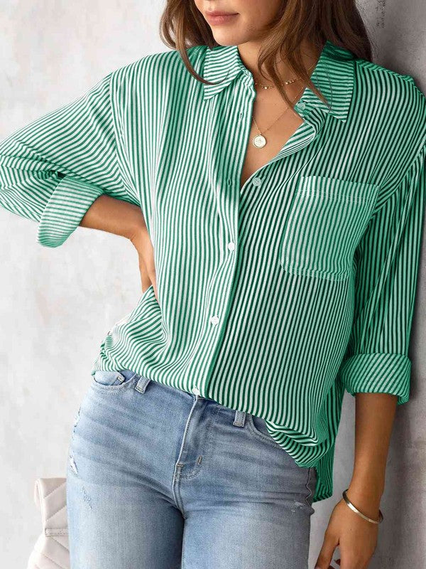 Mid green striped shirt with a button-up collar and long sleeves.