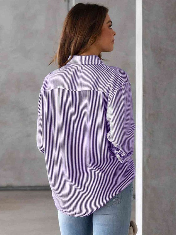 Vivid violet striped shirt with a button-up collar and long sleeves.